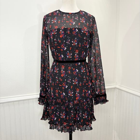 Lulus S Mini Dress Black Long Sleeve Floral Chiffon Ruffle Pleat Sheer Cottage - Picture 14 of 14